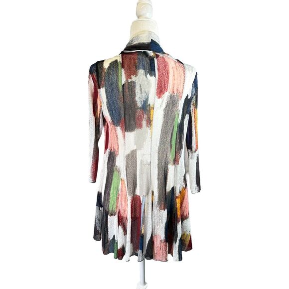 Ali Miles Black Red Geometric Artsy Abstract Shawl Neckline Cardigan Sheer Sz. S - Picture 8 of 14